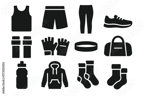 Fitness Apparel Icons. Solid style icons of Fitness apparel: tank top, shorts, leggings, sneakers, wrist wraps, lifting gloves,