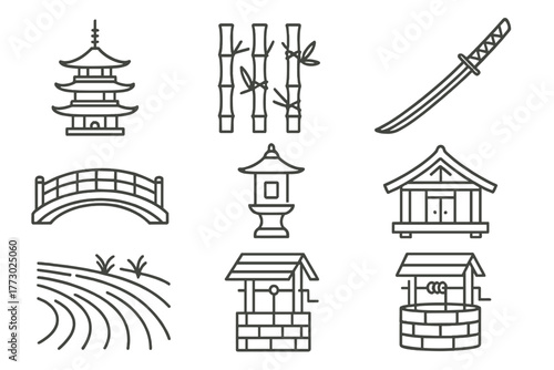 Samurai Village Icons. Line style icons of Samurai Village: Pagoda, Bamboo Fence, Katana, Bridge, Lantern, Wooden House, Rice