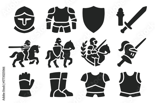 Medieval Knight Icons. Solid style icons of medieval knights: knight helmet, knight armor, knight shield, knight sword, jousting