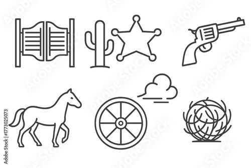 Desert Town Icons. Line style icons of Desert Town: Saloon Doors, Sheriff's Badge, Cactus, Revolver, Horse, Wagon Wheel, Dust,