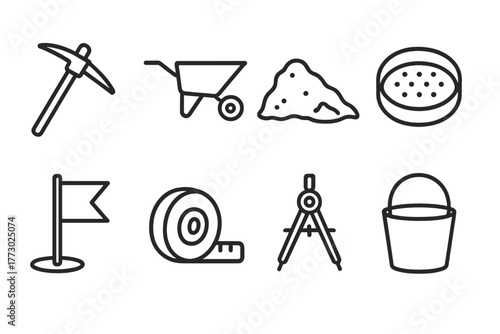 Excavation Line Icons. Line style icons of Excavation: Pickaxe, Wheelbarrow, Dirt Pile, Sieve, Flag Marker, Measuring Tape,