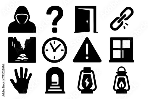Icons of Suspense. Solid style icons of Suspense and danger: shadow figure, silhouette, question mark, locked door, broken chain,