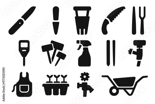 Horticulture Tool Icons. Solid style icons of Horticulture tools: grafting knife, dibber, bulb planter, pruning saw, soil tester,