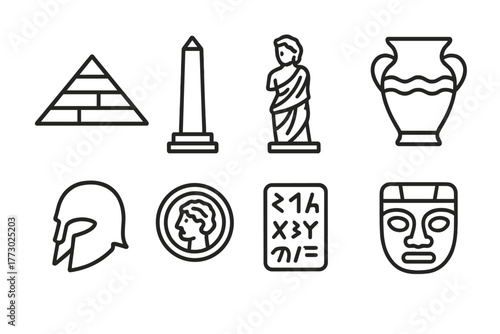Ancient Civilization Icons. Line style icons of Ancient Civilizations: Pyramid, Obelisk, Statue, Pottery, Helmet, Coin, Script,