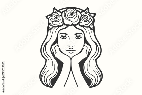 Linear art shows a girl with flowers resting chin on her hands