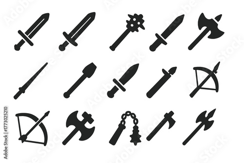 Knight Weapon Icons. Solid style icons of Knight weapons: longsword, broadsword, mace, axe, lance, war hammer, dagger, crossbow,
