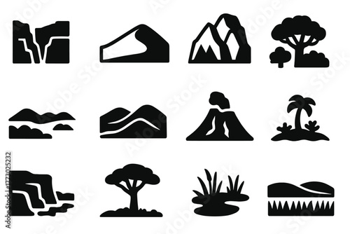 Solid Wild Landscapes. Solid style icons of wild landscapes: canyon rock, desert dune, ice glacier, rainforest canopy, tundra