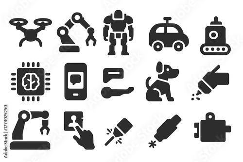 Futuristic Machine Icons. Solid style icons of Futuristic machines: drone, robotic arm, exoskeleton, autonomous vehicle, AI core,