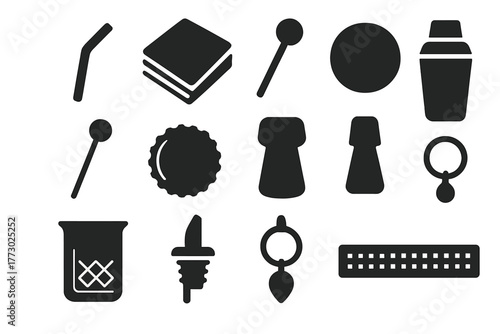 Bar Accessories Icons. Solid style icons of drinking accessories: reusable straw, cocktail napkin, drink stirrer, drink coaster,