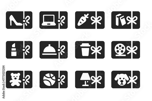 Retail Gift Icons. Solid style icons of retail gift themes: fashion store card, electronics voucher, grocery coupon, bookstore