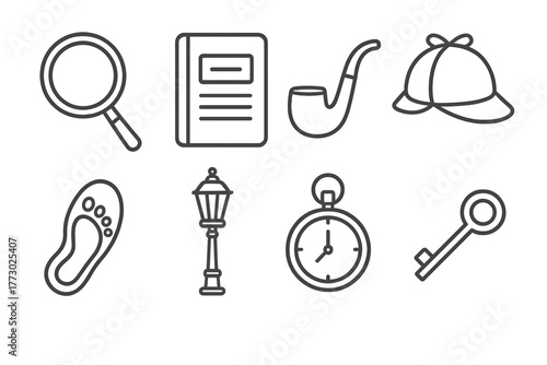 Crime Scene Icons. Line style icons of Crime Scene Inquiry: Magnifying Glass, Notebook, Pipe, Deerstalker Hat, Footprint, Lamp