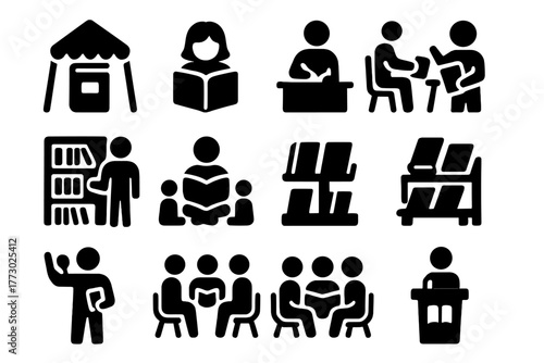 Book Event Icons. Solid style icons of Book events: book fair, author reading, book signing, storytelling session, library event,