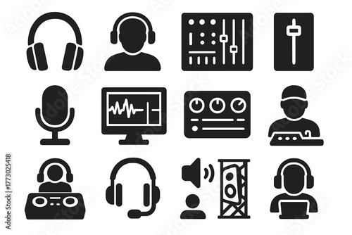 Professional Audio Icons. Solid style icons of professional audio: studio monitor headphones, sound engineer, mixing console,