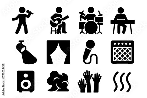 Live Performance Icons. Solid style icons of Live performance: singer, guitarist, drummer, keyboardist, spotlight beam, stage