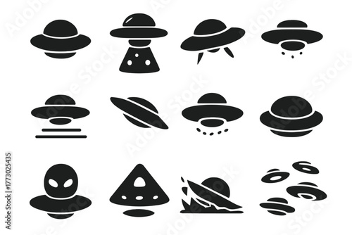 Solid UFO Icons. Solid style icons of UFOs: flying saucer, abduction beam, ufo landing, hovering disc, tilted saucer, glowing ufo,