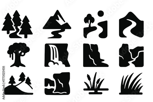Wilderness Adventure Icons. Solid style icons of wilderness adventure: forest path, mountain peak, river crossing, desert dune,