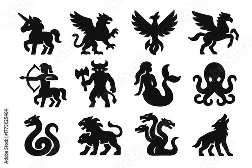 Mythical Creature Icons. Solid style icons of mythical creatures: unicorn, griffin, phoenix, pegasus, centaur, minotaur, mermaid,