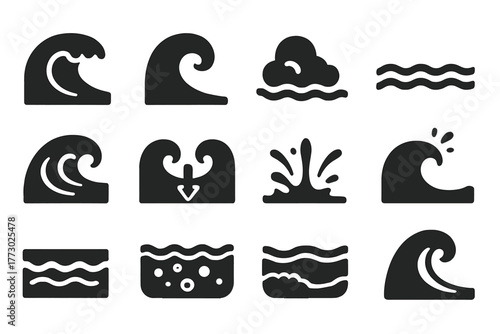 Ocean Waves Icons. Solid style icons of Waves and ocean: breaking wave, curling wave, foam, tide, swell, rip current, water splash