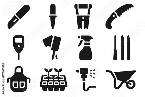 Horticulture Tool Icons. Solid style icons of Horticulture tools: grafting knife, dibber, bulb planter, pruning saw, soil tester,