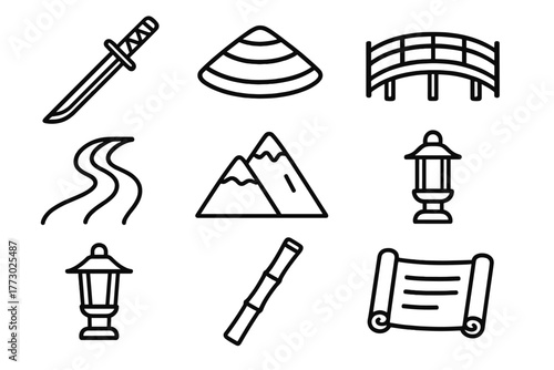 Samurai Icon Journey. Line style icons of Samurai Journey: Katana, Straw Hat, Bridge, River, Mountain, Lantern, Bamboo Staff,