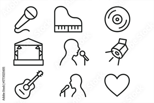 Soul Performance Icons. Line style icons of Soul Performance: Microphone, Piano, Vinyl Record, Stage, Singer Silhouette, Spotlight