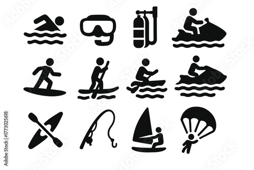 Water Activity Icons. Solid style icons of water activities: swimming, snorkeling mask, diving tank, surfing, paddle board, jet