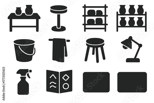 Pottery Studio Icons. Solid style icons of Studio environment: pottery table, wheel stand, clay storage, drying shelf, glaze rack,