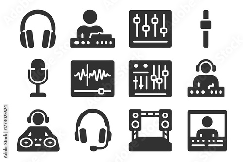 Professional Audio Icons. Solid style icons of professional audio: studio monitor headphones, sound engineer, mixing console,