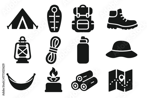 Camping Essentials Icons. Solid style icons of Outdoor camping: tent, sleeping bag, backpack, hiking boots, lantern, rope, water