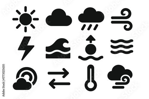 Weather Icons Collection. Solid style icons of Water and weather conditions: sun, cloud, rain, wind swirl, lightning, wave height,