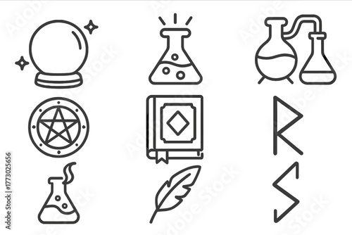 Arcane Workshop Icons. Line style icons of Arcane Workshop: Crystal Ball, Glowing Flask, Alembic, Magic Circle, Ancient Tome, Rune