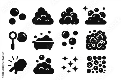 Bubble and Foam Icons. Solid style icons of Bubbles and foam: soap bubbles, foam pile, bubble cluster, frothy lather, bubble wand,