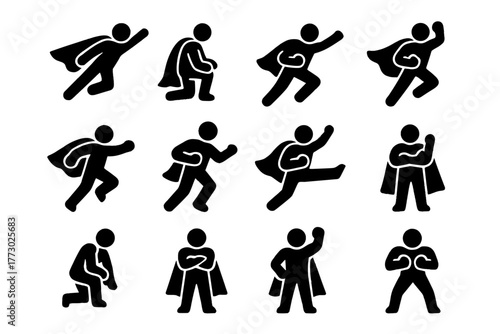 Hero Pose Icons. Solid style icons of Hero poses: flying, landing, running, jumping, punching, kicking, crouching, crossing arms,