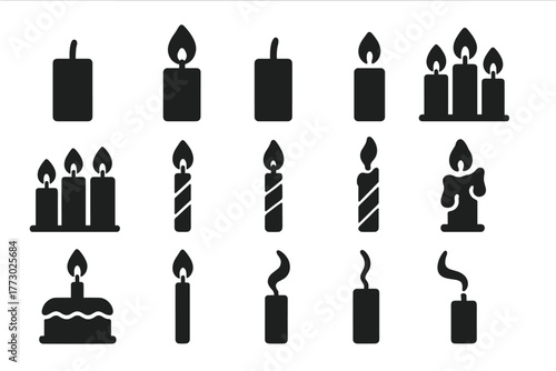 Solid Candle Icons. Solid style icons of candles: single candle, candle with flame, candle without flame, three candles, five