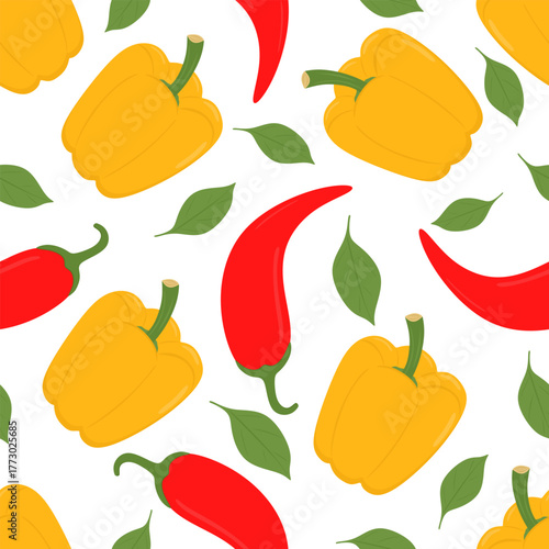 Seamless pattern with red Chili pepper and yellow paprika, bell pepper. Fresh vegetable and leaf pattern. Organic natural food, healthy agriculture crop. Colored flat vector illustration