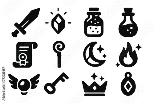 Magical Item Icons. Solid style icons of magical items: enchanted sword, glowing gem, fairy dust jar, potion vial, spell scroll,