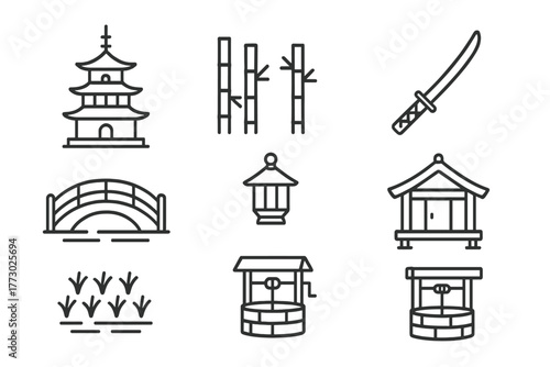 Samurai Village Icons. Line style icons of Samurai Village: Pagoda, Bamboo Fence, Katana, Bridge, Lantern, Wooden House, Rice