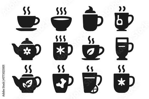 Hot Beverage Icons. Solid style icons of Hot beverages: tea cup, matcha bowl, hot chocolate mug, mulled wine cup, herbal tea pot,