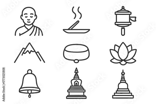Himalayan Pilgrimage Icons. Line style icons of Himalayan Pilgrimage: Monk, Incense, Prayer Wheel, Mountain Peak, Meditation