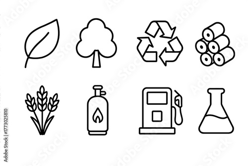 Bioenergy Icons. Line style icons of Bioenergy: Leaf, Biomass, Recycling Symbol, Pellet, Crop, Gas Cylinder, Fuel Pump, Laboratory