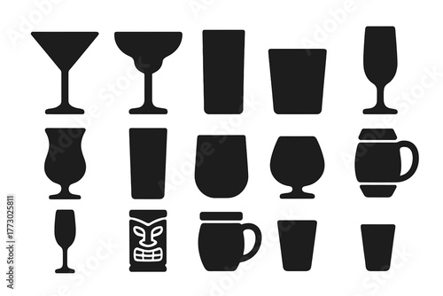 Solid Glassware Icons. Solid style icons of glassware: martini glass, coupe glass, highball glass, lowball glass, hurricane glass,
