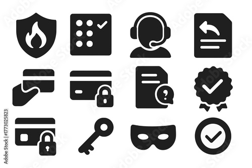 Safety and Support Icons. Solid style icons of safety and support: fraud alert shield, verify code keypad, customer support
