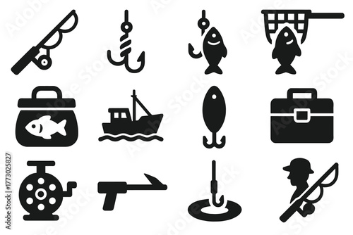 Fishing Icons Collection. Solid style icons of fishing: fishing rod, hook with bait, fish caught on hook, net with fish, fish