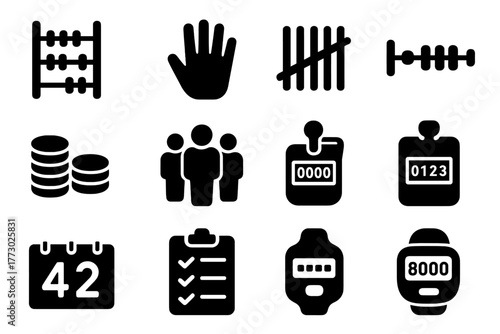 Counting Tools Icons. Solid style icons of Counting: abacus, fingers counting, tally marks, beads counting, coins stack, people
