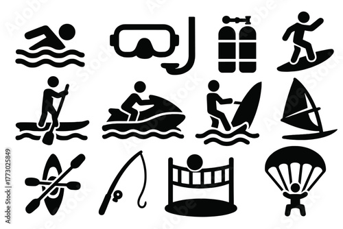 Water Activity Icons. Solid style icons of water activities: swimming, snorkeling mask, diving tank, surfing, paddle board, jet