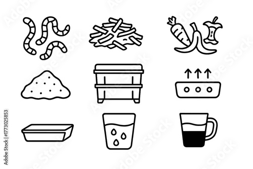 Vermicomposting Icons. Line style icons of Vermicomposting: Worms, Bedding, Food Scraps, Moist Soil, Container, Air Holes, Tray,