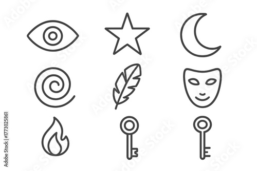 Symbolic Line Icons. Line style icons of Symbolism: Eye, Star, Crescent Moon, Spiral, Feather, Mask, Flame, Key, No text, No