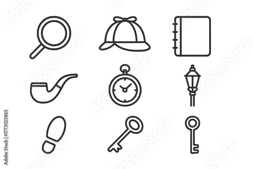 Crime Solver Icons. Line style icons of Crime Solver: Magnifying Glass, Deerstalker Hat, Notebook, Pipe, Pocket Watch, Lamp Post,
