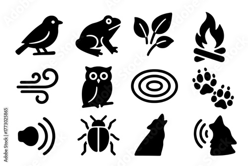 Nature Sound Icons. Solid style icons of Nature sounds and signs: bird, frog, rustling leaves, crackling fire, wind swirl, owl