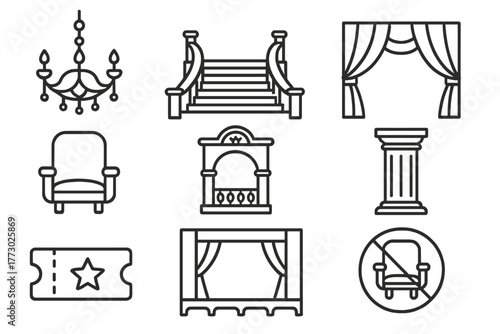 Opera House Icons. Line style icons of Opera House: Chandelier, Grand Staircase, Curtain, Seat, Balcony, Column, Ticket, Stage, No